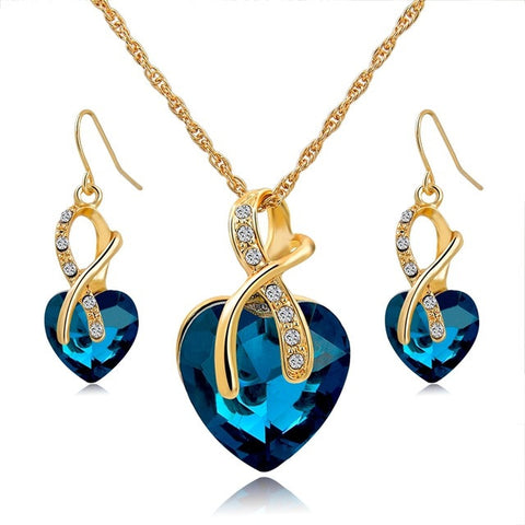Crystal Heart Necklace Earrings Jewellery Set for Women Bridal Wedding Accessories