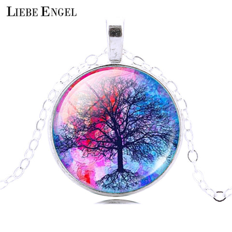 Tree Pendant Necklace Vintage Silver Color Chain Necklace in Jewelry Classic Glass Cabochon Necklace