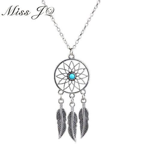 Vintage Dream Catcher Necklace Silver Chain Leaves Feather Wings Pendant Necklace for Women Bohemia Jewelry