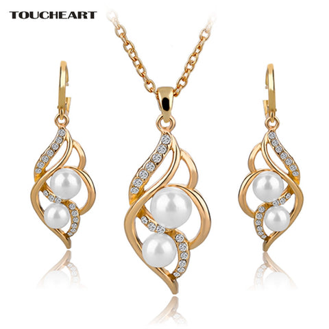TOUCHEART Simulated Pearl Indian Wedding Jewelry Sets for Women Bridal Crystal Gold color Earrings Statement Necklaces