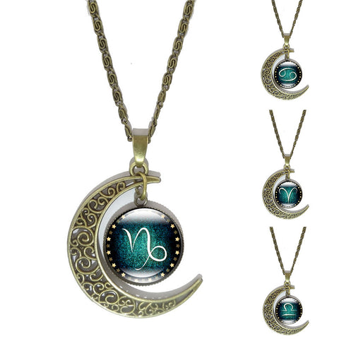 12 Constellation Glass Cabochon Pendant Necklace Vintage Bronze Crescent Moon Accessories Chain Necklace