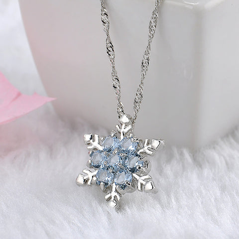 Charm Vintage lady Blue Crystal Snowflake Zircon Flower Silver Necklaces & Pendants Jewelry