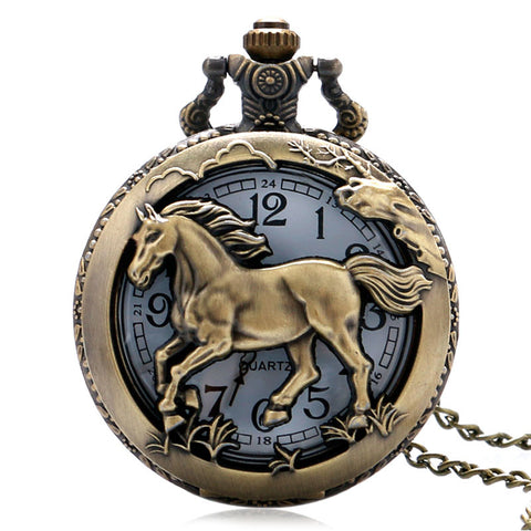 Bronze Copper Horse Hollow Quartz Watch Clock Hour Fob With Chain Pendant Womens Men Xmas GIfts P907