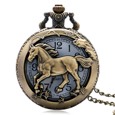 Bronze Copper Horse Hollow Quartz Watch Clock Hour Fob With Chain Pendant Womens Men Xmas GIfts P907